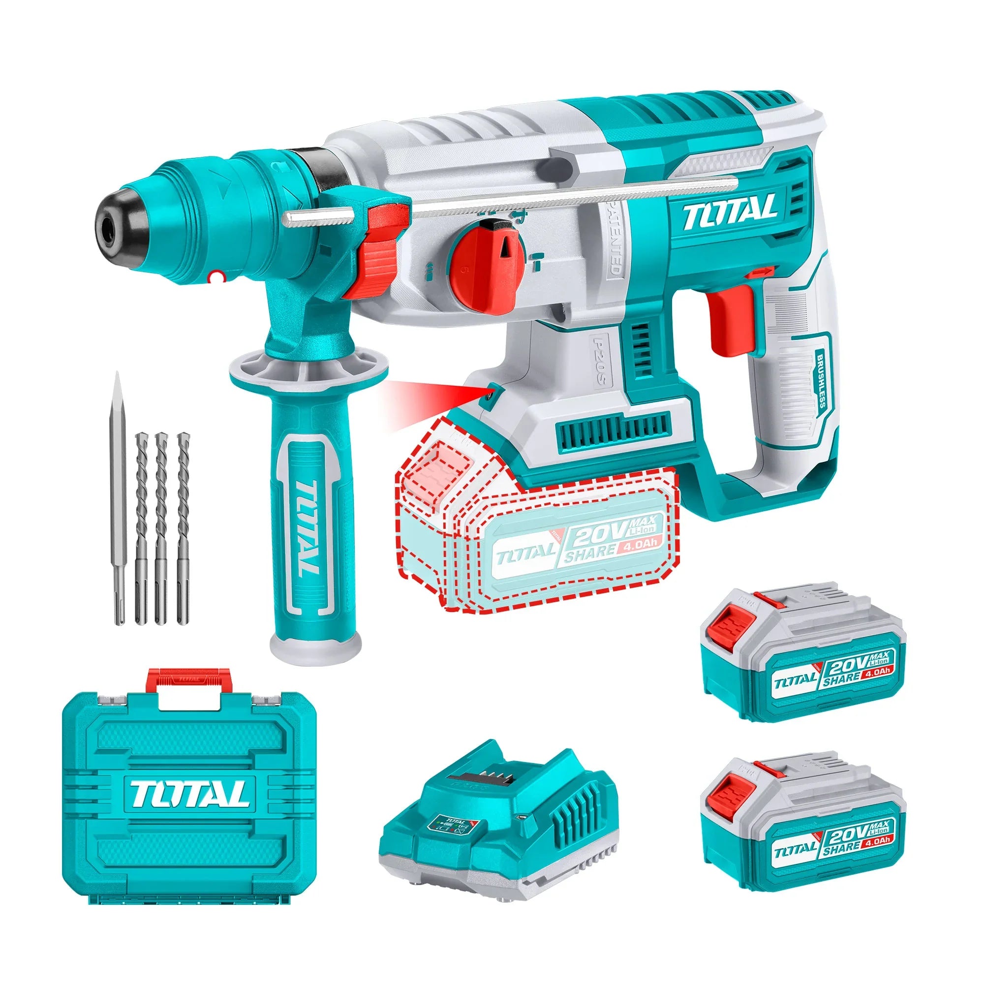 Cordless rotary hammer 26mm/ SDS Plus/5000bpm/2,5J/ INDUSTRIAL (SET Battery 2x4Ah, Charger, Case) (TRHLI202289) TOTAL