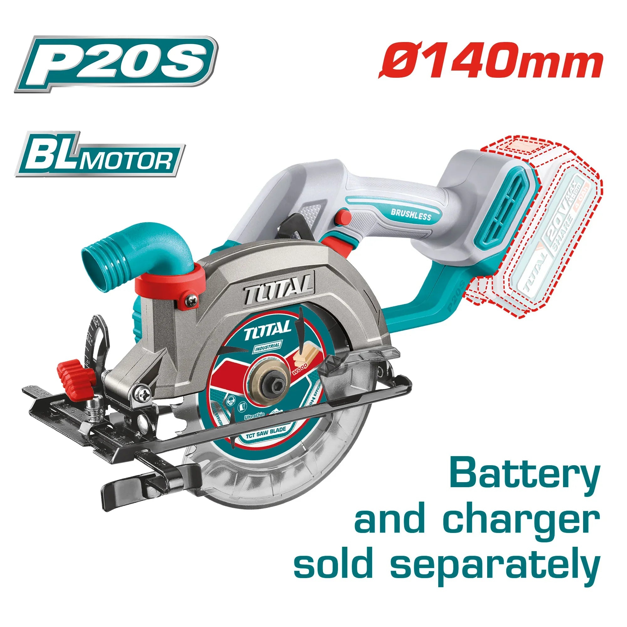 Cordless circular saw 6300rpm/140mm/P20S/ INDUSTRIAL (Without battery) (TSLI1402) Total