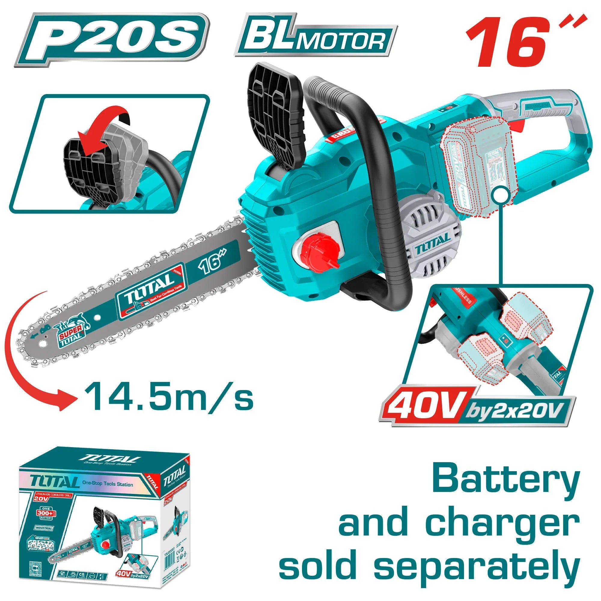 Cordless chainsaw 20V/14.5m/s/ 400mm/P20S/ INDUSTRIAL (Without battery) (TGSLI40168) Total