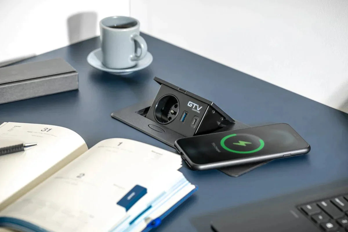 Built-in socket Avaro Plus with 1x Schuko 1xUsb A 1xUsb C plus wireless charger Gray color