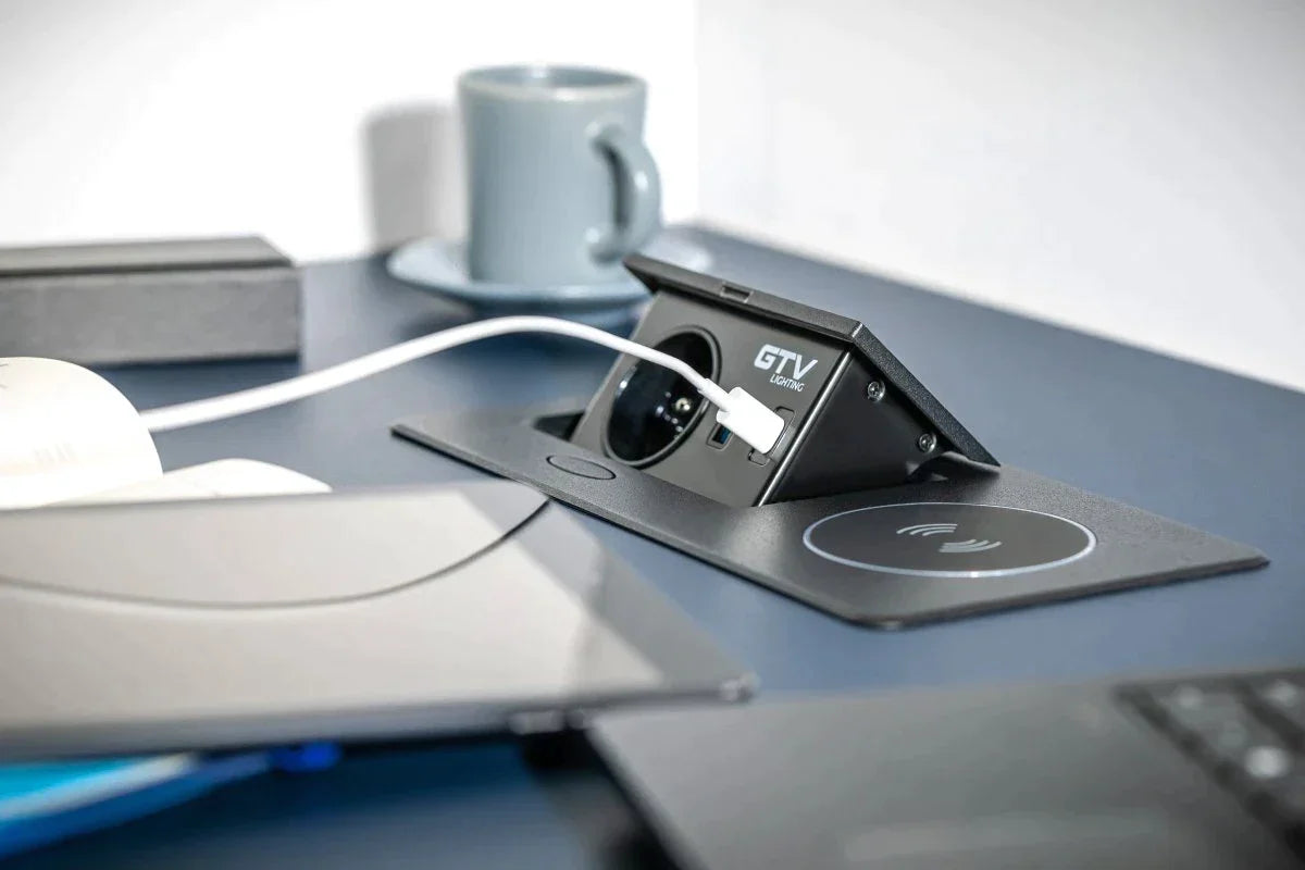 Built-in socket Avaro Plus with 1x Schuko 1xUsb A 1xUsb C plus wireless charger Gray color