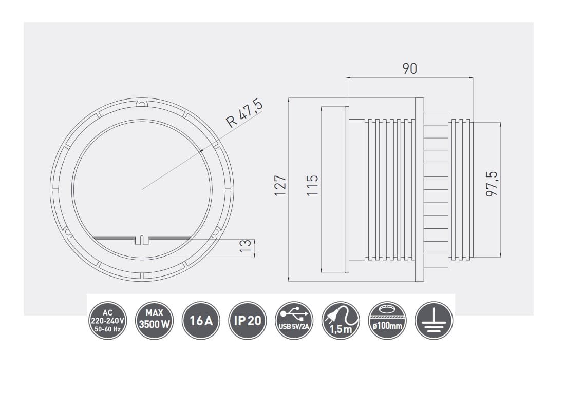 Concealed PTO socket | 1x Socket 2x USB AE-BPW1S2UCH-80