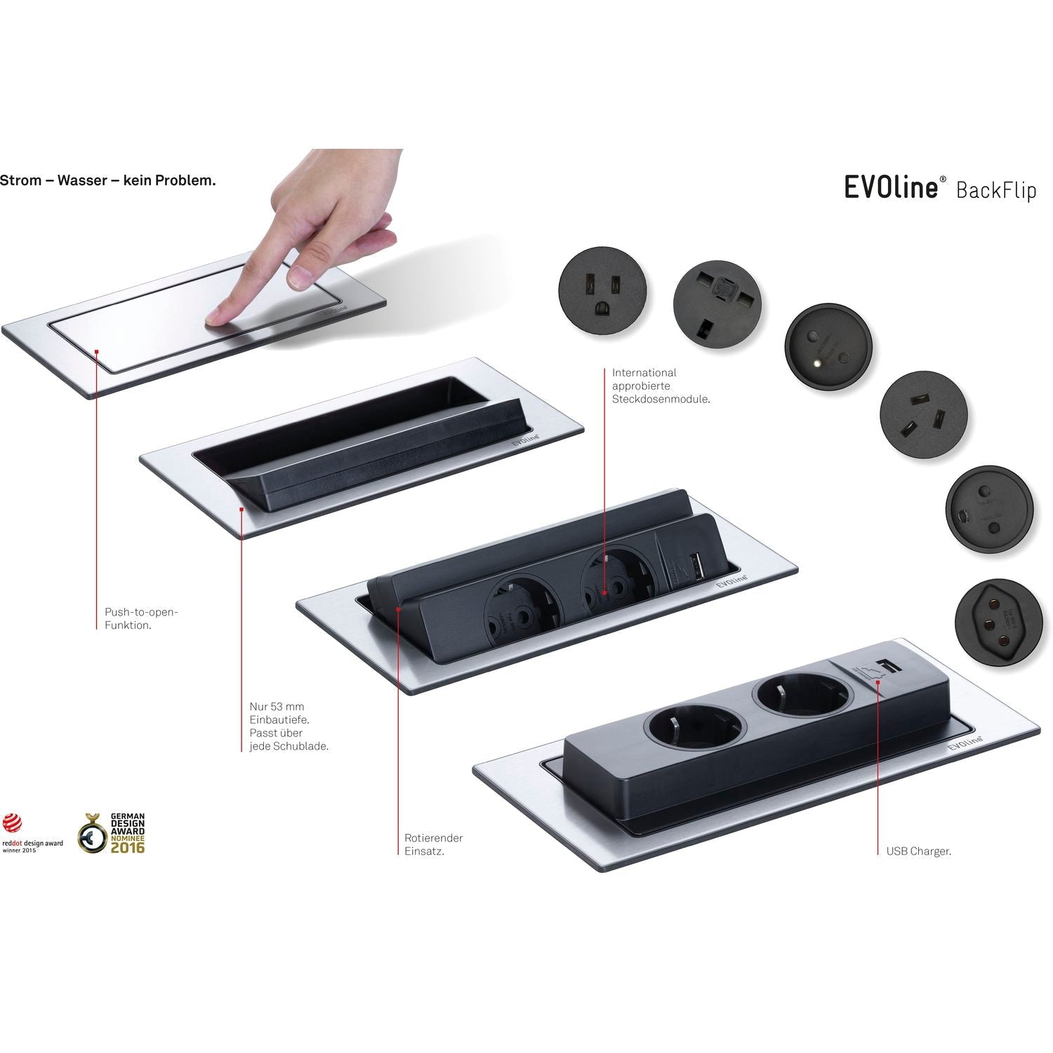 Built-in socket EVOline BackFlip 2 Schuko sockets 1 USB-A charger Silver