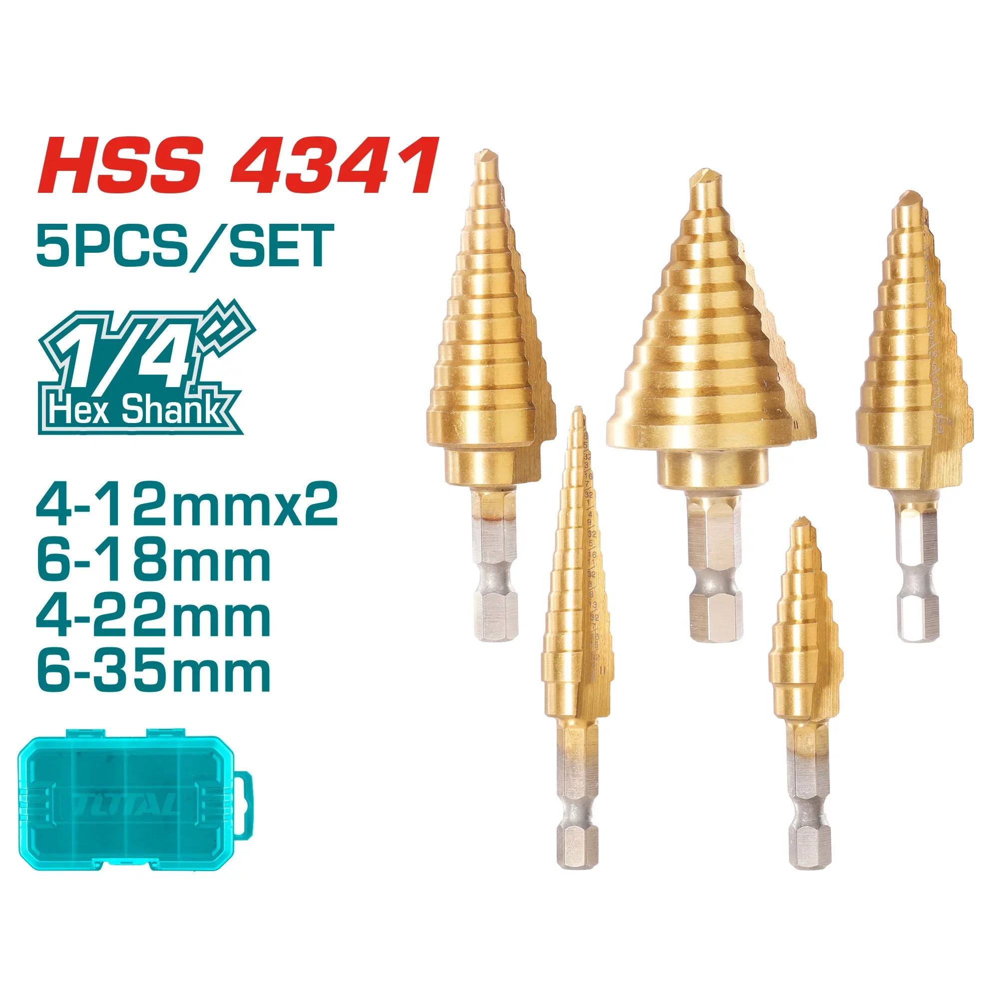 5-piece step drill set HSS 4341 INDUSTRIAL (TACSD2051) TOTAL