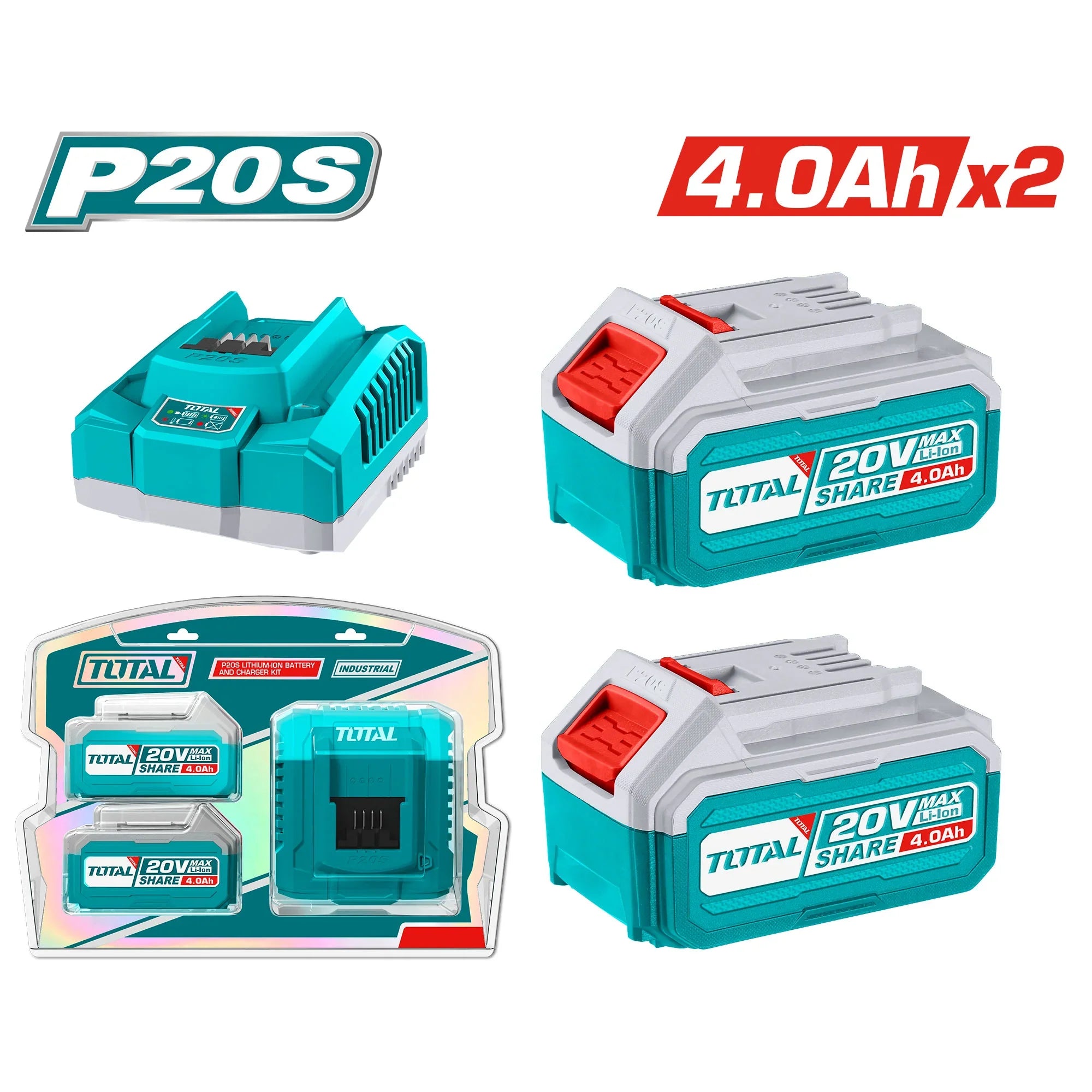 Set of 2 pieces. Lithium-ion battery 4.0 Ah and charger, 20V/P20S, INDUSTRIAL (TFBCPK1424E) TOTAL