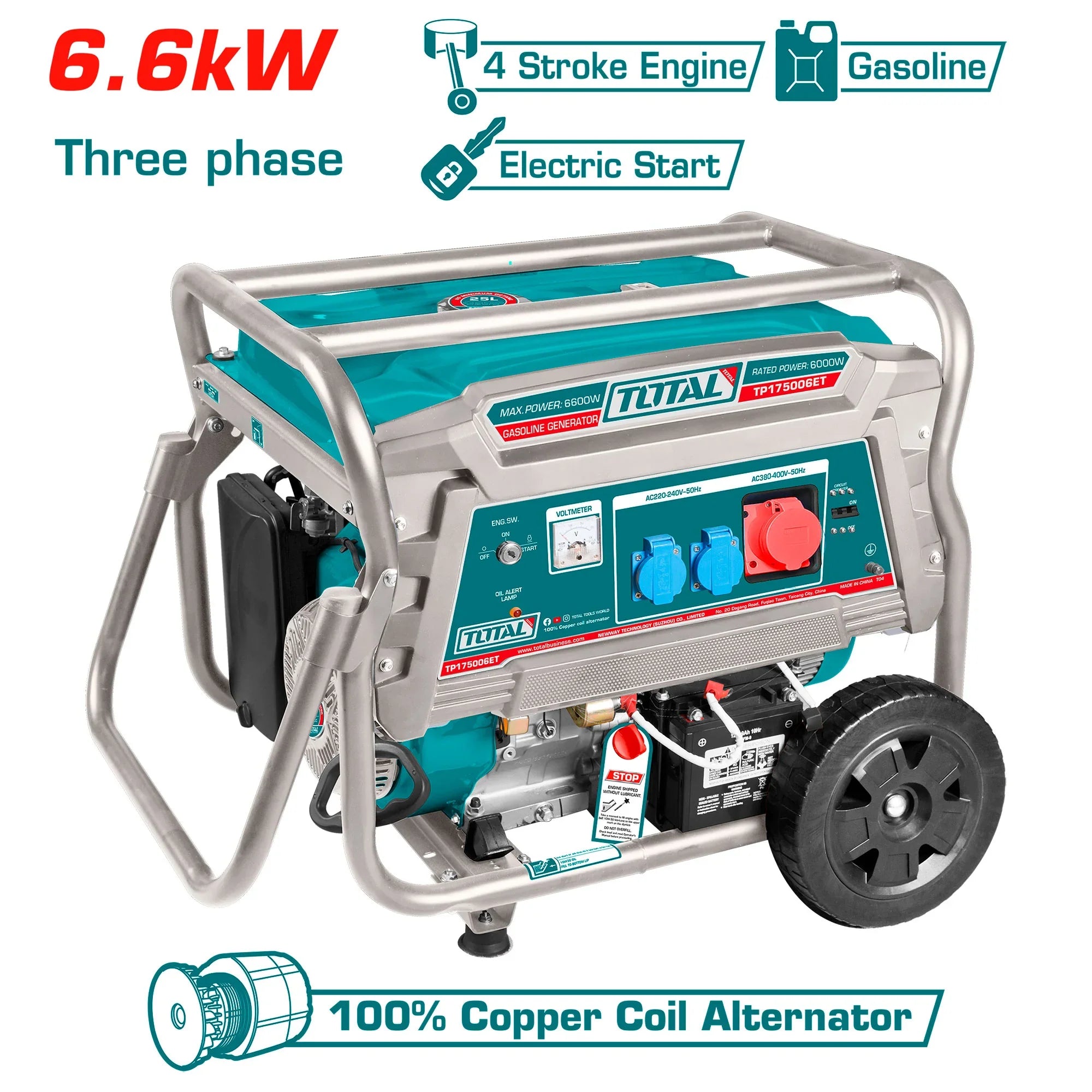 Petrol generator 6.6kW, 25L/15KM/9hr/3000rpm INDUSTRIAL (TP175006ET) TOTAL