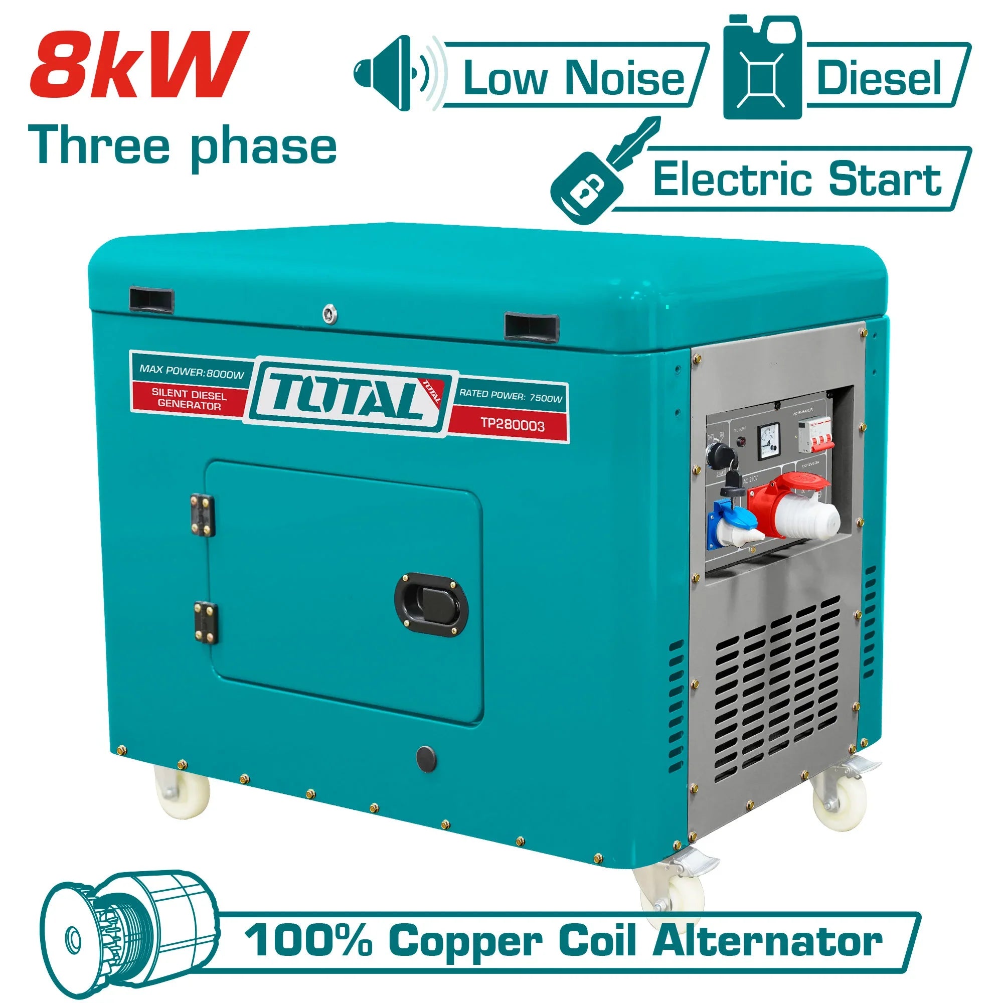 Silent diesel generator 8kW, 25L/9KM/9hr/3000rpm (TP280003) TOTAL