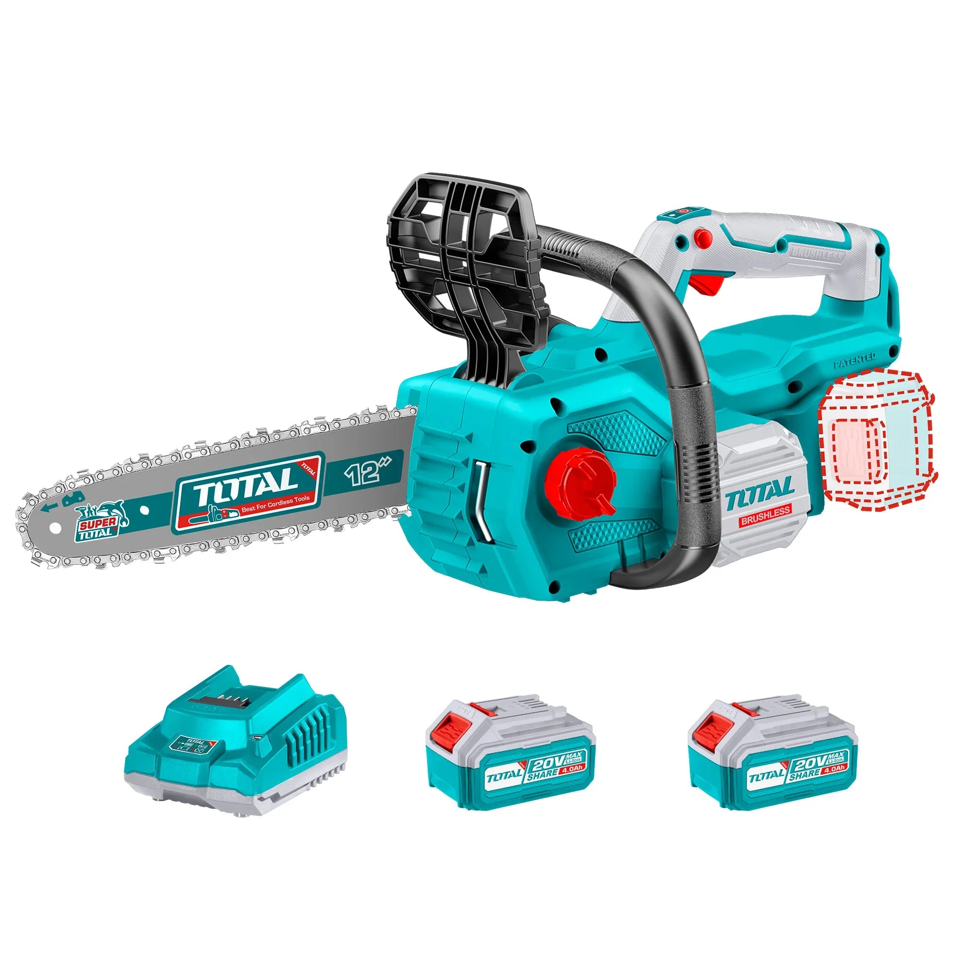 Cordless chainsaw 20V/7.9m/s/ 300mm/P20S/ INDUSTRIAL (SET Battery 2x4Ah, Charger) (TGSLI201286) Total