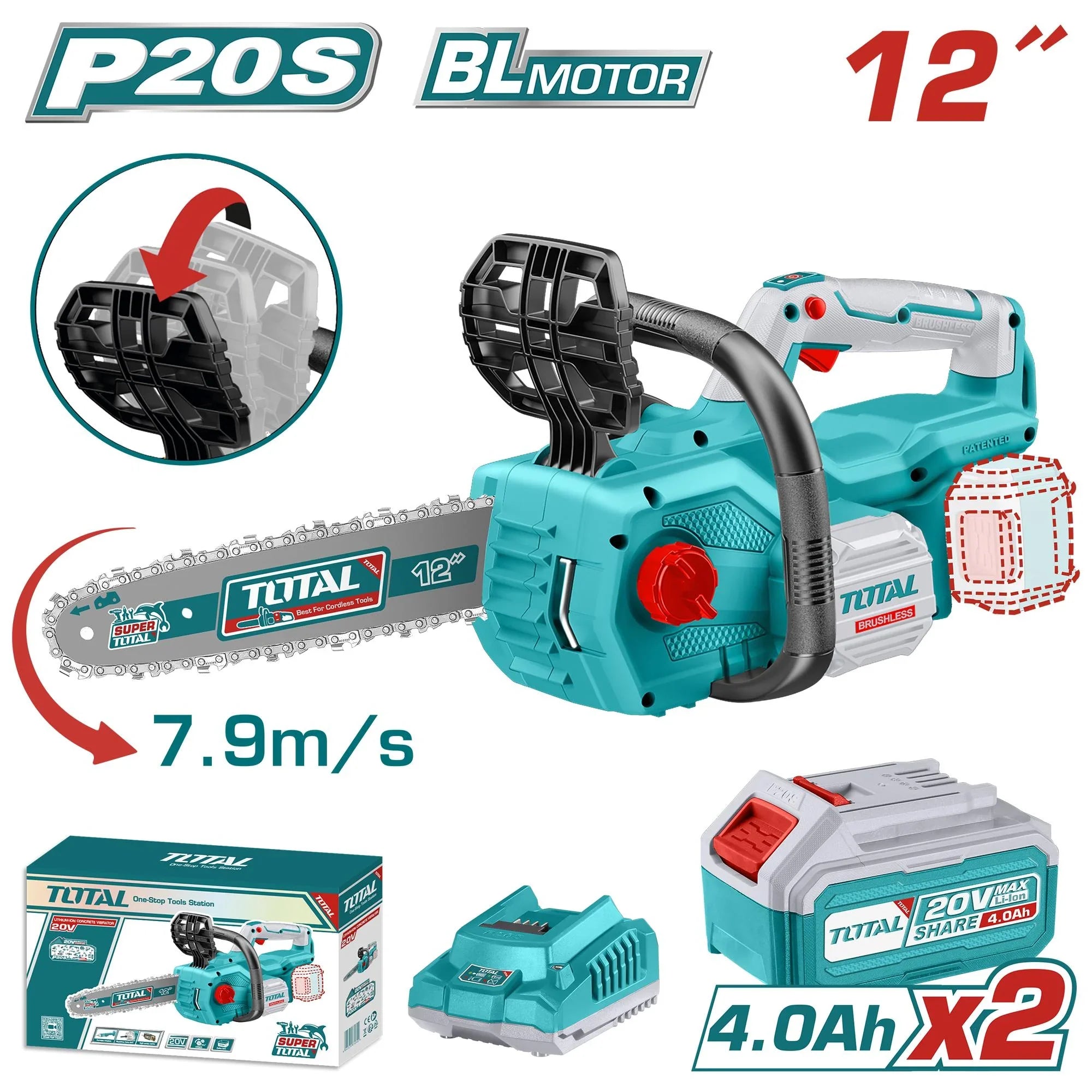 Cordless chainsaw 20V/7.9m/s/ 300mm/P20S/ INDUSTRIAL (SET Battery 2x4Ah, Charger) (TGSLI201286) Total