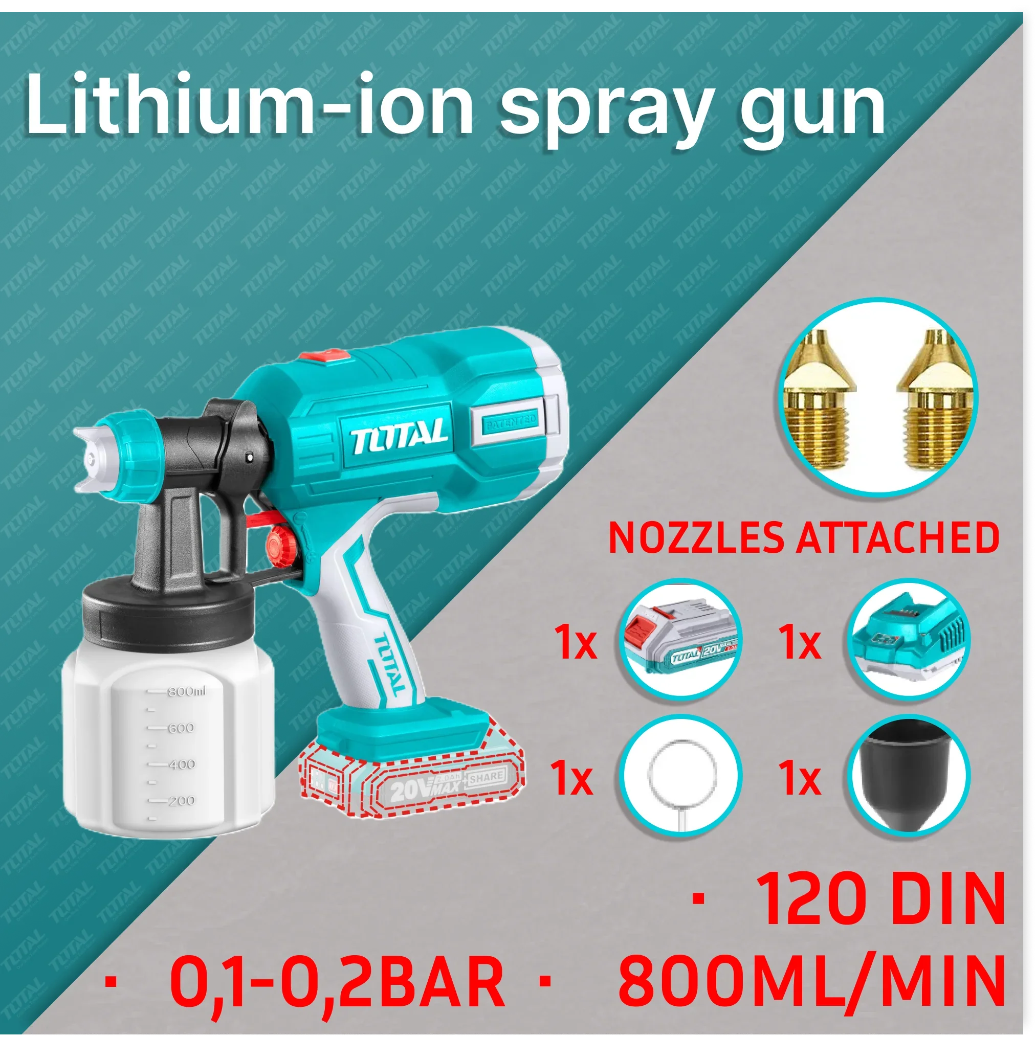 Battery spray gun 120Din-s/800ml/min /P20S (SET Battery 1x2Ah, Charger) (TSGLI20406) TOTAL