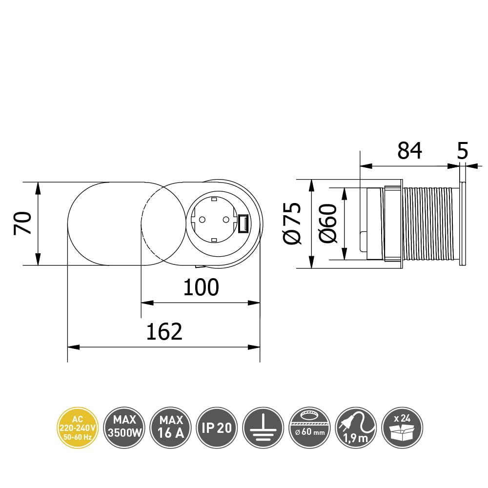 Concealed PTO socket | 1x Socket 1x USB | AE-BPW1S1UCH-51