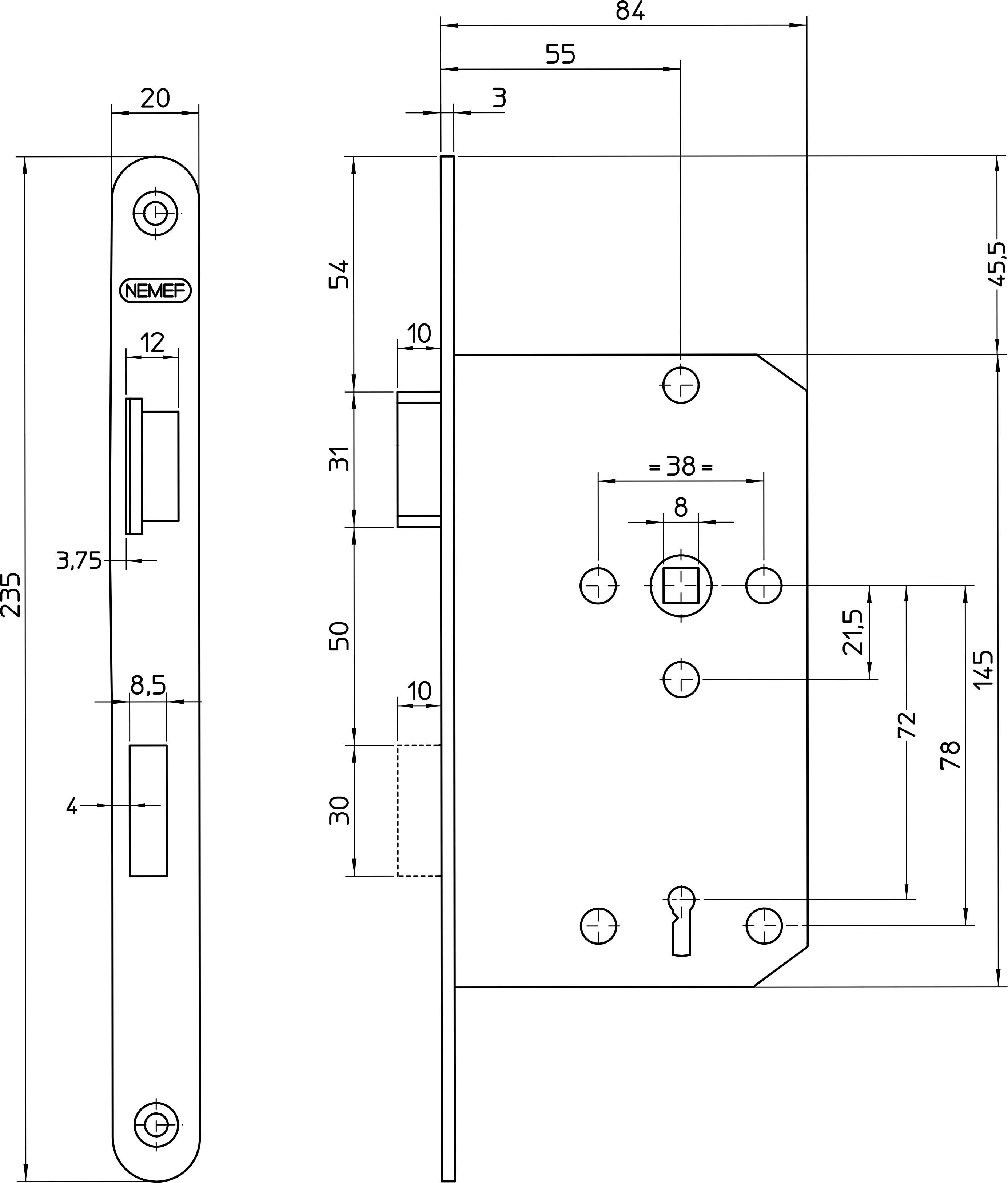 Door lock with a regular key, spacing 72mm Right