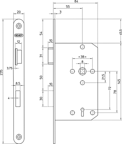 Door lock with a regular key, spacing 72mm Right